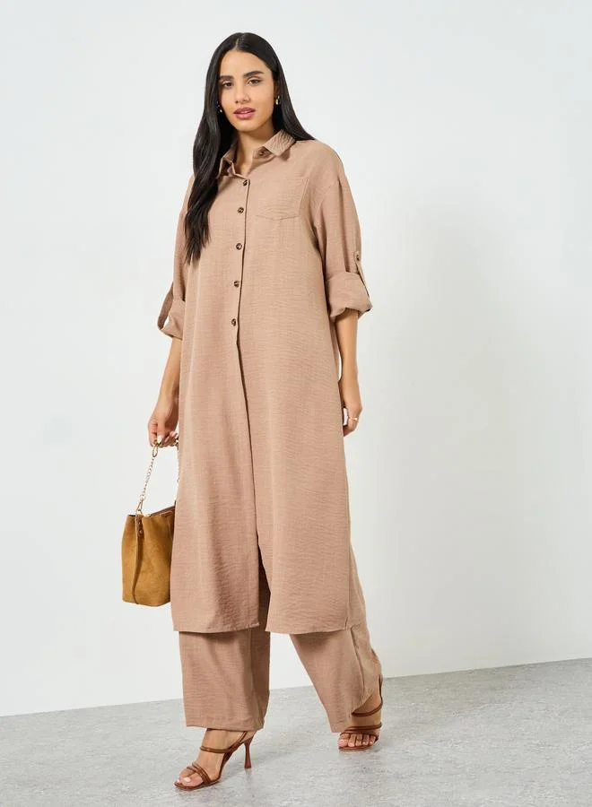 Styli  Beige Buttoned Shirt Kimono and Pant Co-ords for Women | Best Price UAE